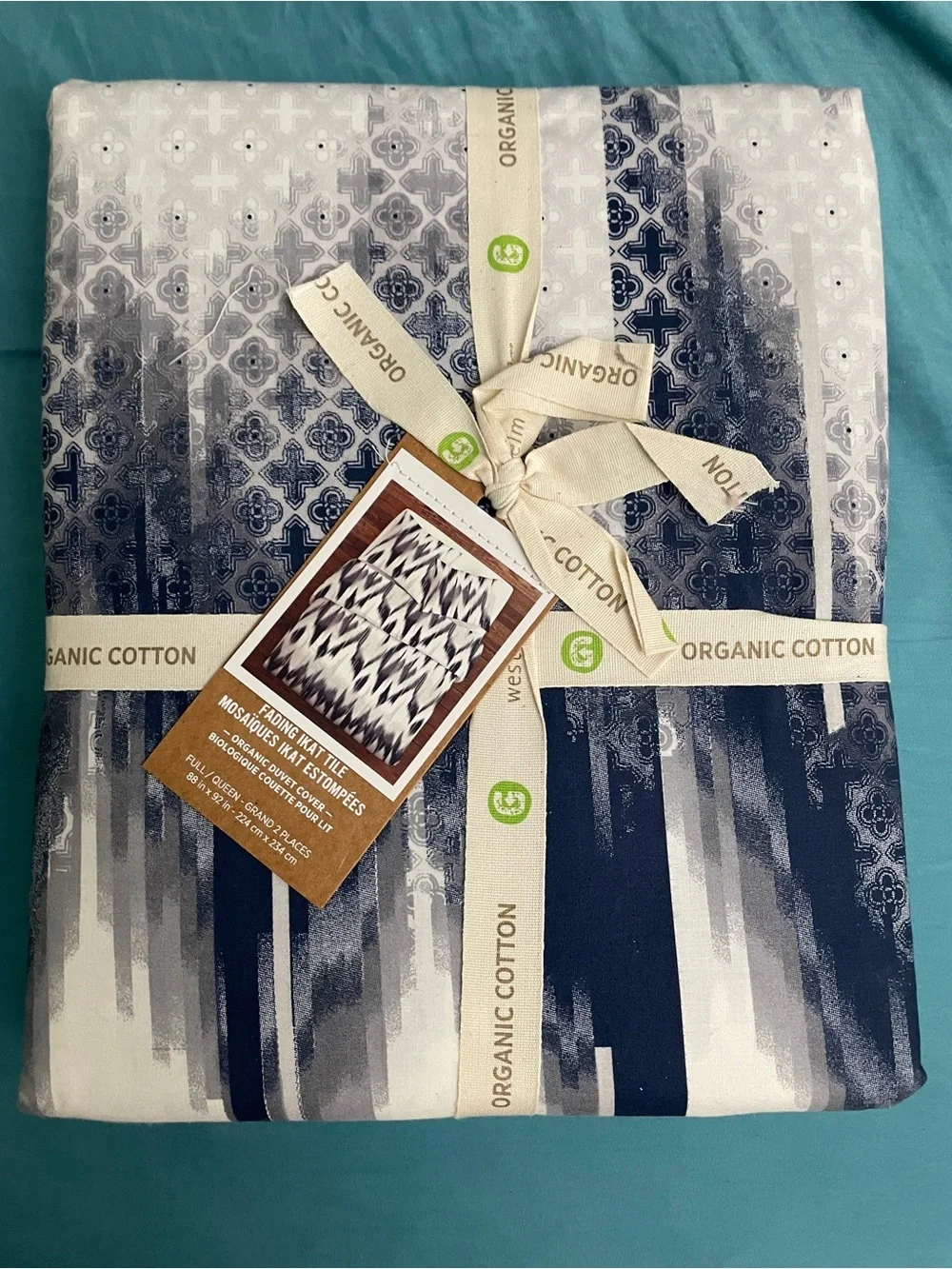 NEW West Elm Organic Cotton Fading IKAT Tile Queen Duvet Cover 2 STD Sham Set